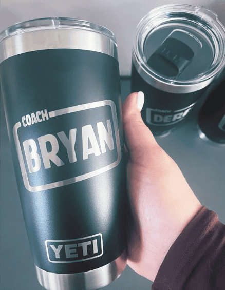 Personalized coach water tumbler with name Bryan, YETI brand, for sports or outdoor use.