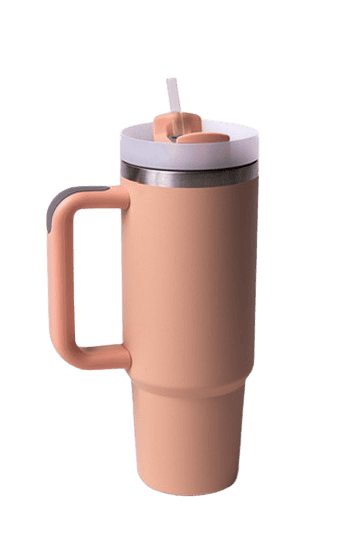 Travel mug with straw and lid, beige color, insulated beverage container for hot and cold drinks.