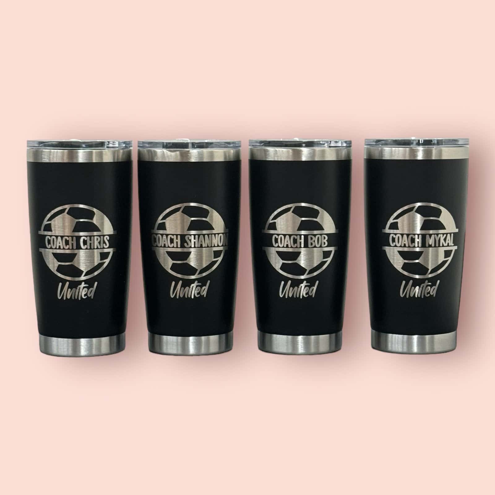 Custom soccer-themed tumblers with personalized coach names and "United" logo. Great for team gifts and sports fans.