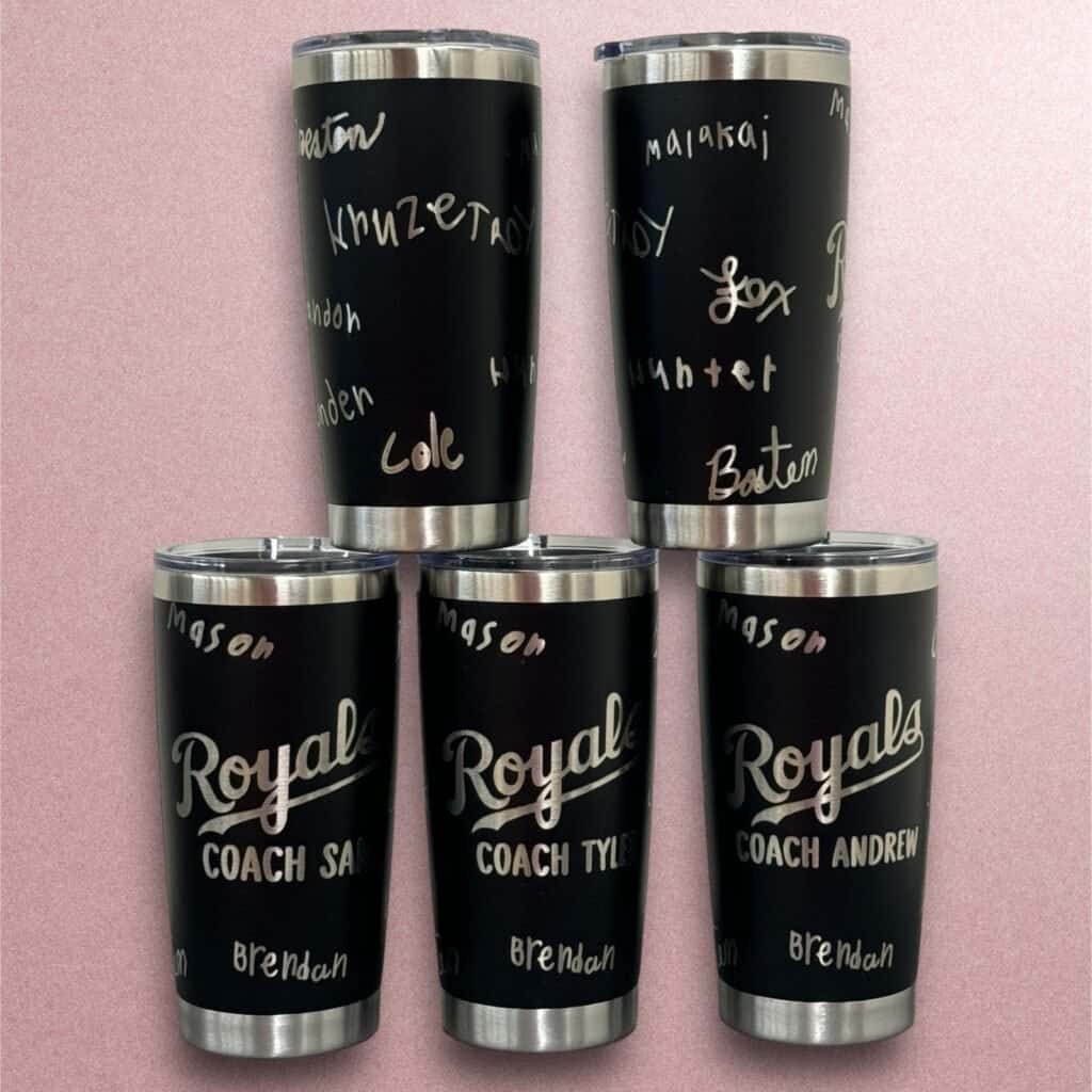 Custom personalized tumblers with names for sports teams or coaches. Perfect gifts for team members and supporters.