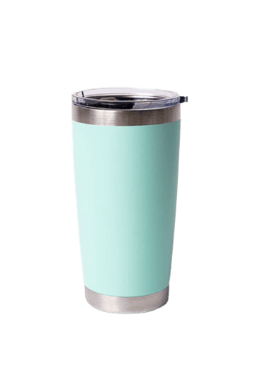 Stylish light blue travel tumbler with stainless steel accents for beverages.